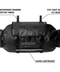 Waterproof Bike Handlebar Bag Rolltop 9L Front Frame Storage With Secure Elastic Straps, black with labeled features