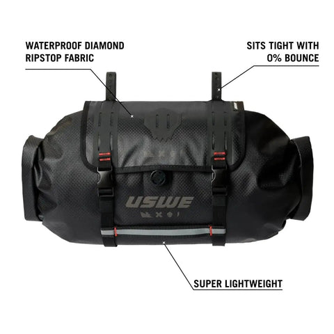 Waterproof Bike Handlebar Bag Rolltop 9L Front Frame Storage With Secure Elastic Straps, black with labeled features