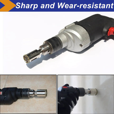 Heavy Duty Top Notch 1 1/8 Inch Diamond Hole Saw Drill Bit With Precision Pilot Tip in use drilling through tiles.