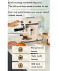 Rock Your Morning With Killer Espresso Shots And Slick Milk Foam For Zero Stress Brewing On A Compact 15 Bar Semi Automatic Coffee Maker For Perfect Cappuccino Latte And Mocha showing user-friendly buttons and espresso shot.