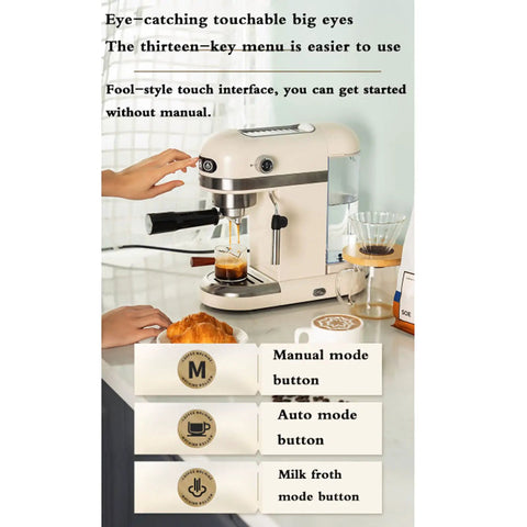 Rock Your Morning With Killer Espresso Shots And Slick Milk Foam For Zero Stress Brewing On A Compact 15 Bar Semi Automatic Coffee Maker For Perfect Cappuccino Latte And Mocha showing user-friendly buttons and espresso shot.