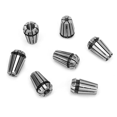 Pro Grade ER11 Collet Set Seven Sizes From 1mm To 7mm With Spring Collets arranged on white background