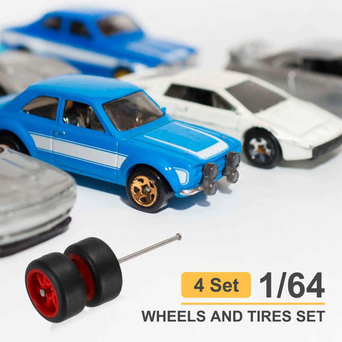 1/64 Scale Wheel And Tire Set With Axles For RC Diecast Cars DIY Models Real Riders Rims 7 Spoke Red And Black Dope Upgrade Kit