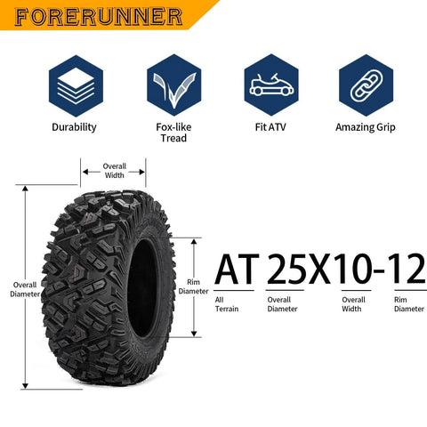 Beefed Up All Terrain ATV UTV Tires 25X10-12 6PR Tubeless Set Of 2 with angled tread pattern showing off-road grip features