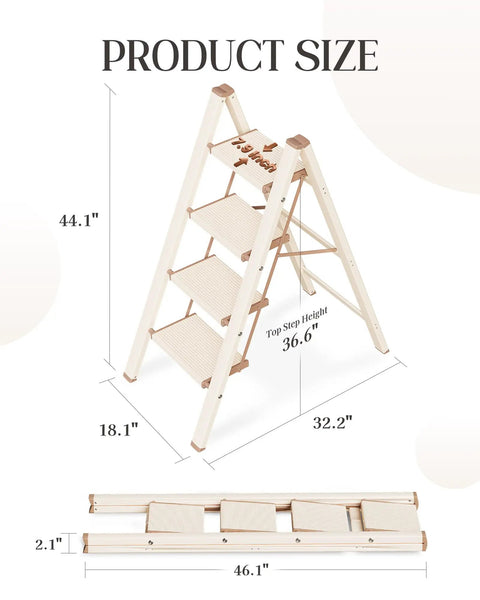 Four Step Aluminum Folding Ladder With Anti Slip Wide Pedals, Lightweight Portable Stepladder For Home And Kitchen, Space Saving Design, Supports Up To 330 Lbs, Compact Folded Size, Durable And Easy To Store In Chocolate White, 44.1in tall