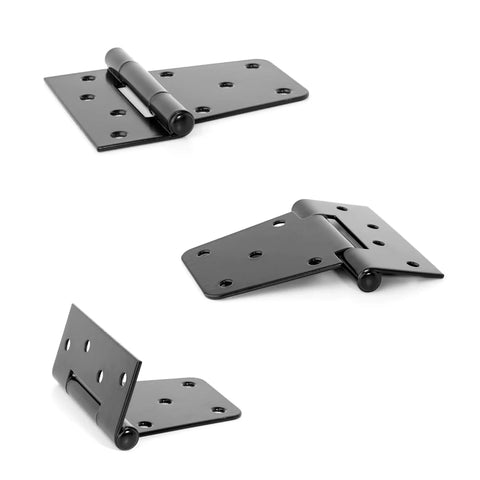 Hard As Nails Black Iron Hinges 4.5 Inch For Heavy Outdoor Gates Rust Proof Finish shown from multiple angles for easy installation.