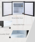 Inside view of Slick 1.1 Cu Ft Compact Mini Upright Freezer with removable shelf, reversible door, and adjustable feet.