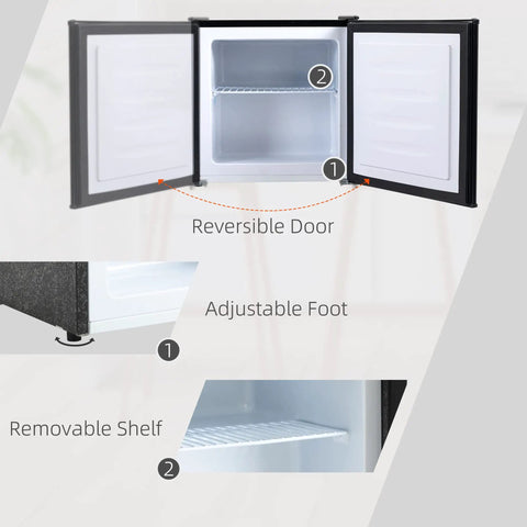 Inside view of Slick 1.1 Cu Ft Compact Mini Upright Freezer with removable shelf, reversible door, and adjustable feet.