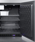 Open door of Top Shelf Under Counter Upright Freezer Sporting A Sleek Chrome Clad Design for efficient storage with shelves.