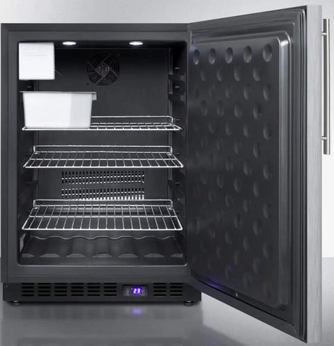 Open door of Top Shelf Under Counter Upright Freezer Sporting A Sleek Chrome Clad Design for efficient storage with shelves.