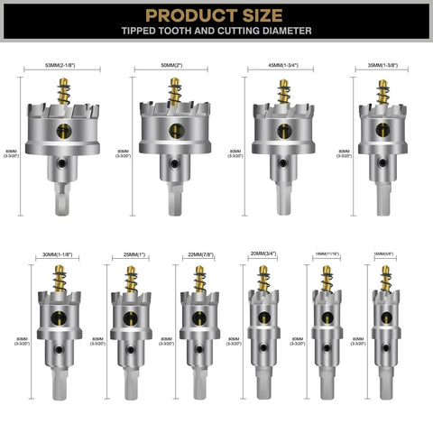 Twelve Piece Heavy Duty Pro Grade Carbide TCT Hole Saw Kit With Titanium Plated Pilot Drill Bits For Metal Stainless Steel Iron Wood And Plastic Assorted Sizes From Five Eighths To Two And One Eighth Inches displayed with size measurements