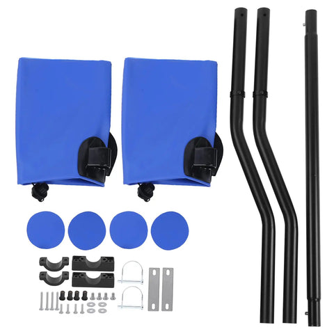 Inflatable Kayak Outrigger Kit With Floating Balance For Rock Solid Stability Lightweight PVC Canoe Stabilizer Easy To Install Portable Water Safety Accessory In Blue with components displayed including blue pontoons, black rods, and mounting hardware.