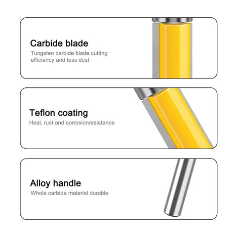 Premium 1/2 Inch Double Bearing Flush Trim Router Bit With 6mm Or 1/4 Inch Shank showing carbide blade, Teflon coating, and alloy handle.