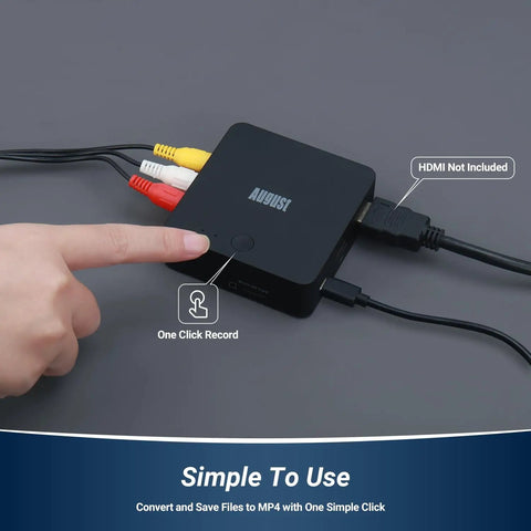 User pointing to Video Capture Card No PC Needed Plug And Play Easy VHS To Digital Converter With HDMI Passthrough