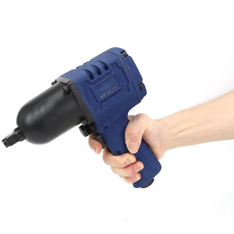 Rugged Half Inch Drive Pneumatic Impact Wrench With Killer High Torque Air Power held in hand for garage and auto repair use.