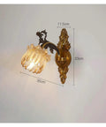 LMAPLUMP Wall Lamp Wall Sconce Classical European Vintage Antique Zinc Alloy Flower Glass Shade Crystal Accents Light for Bedroom Bedside mounted on wall with measurements.