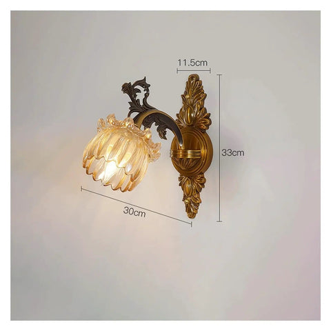 LMAPLUMP Wall Lamp Wall Sconce Classical European Vintage Antique Zinc Alloy Flower Glass Shade Crystal Accents Light for Bedroom Bedside mounted on wall with measurements.