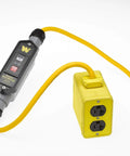 Job Site Tough Industrial GFCI Outlet Box With No Hassle Auto Reset Four Nema 5 20 Receptacles 20 Amp 120 Volt Plug And Play Extender showing yellow casing and cord.