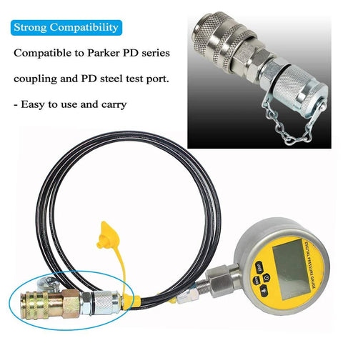 Hydraulic pressure test coupling kit compatible with Parker PD series; includes digital gauge and hose for Caterpillar/Case excavators