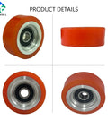 4 Pack Dryer Drum Support Rollers Replacement Kit For 70298701P 70298701 70568201 Fits Huebsch Speed Queen IPSO Tumble Dryers Durable Bearings Easy Install, showing four orange rollers with metal centers and durable bearings, various angles.