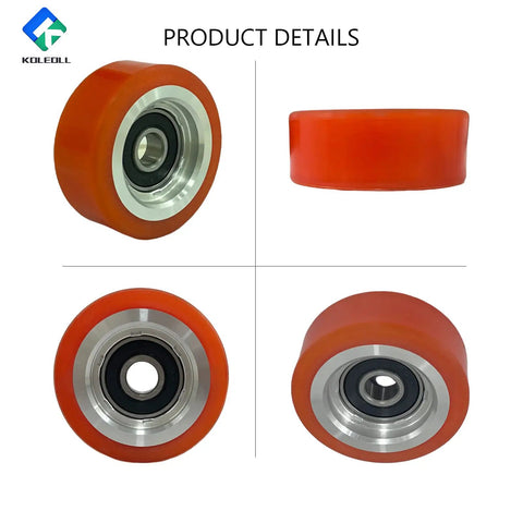 4 Pack Dryer Drum Support Rollers Replacement Kit For 70298701P 70298701 70568201 Fits Huebsch Speed Queen IPSO Tumble Dryers Durable Bearings Easy Install, showing four orange rollers with metal centers and durable bearings, various angles.