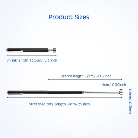 4 Pieces Magnetic Telescoping Pick Up Tool Set With 25 Inch Extendable Magnets size chart showing lengths in inches and cm