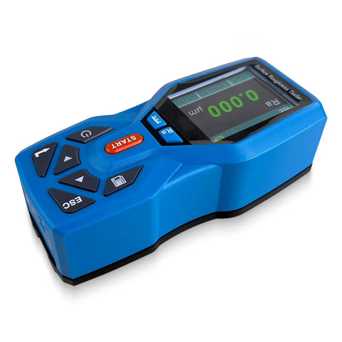 Portable Surface Roughness Tester and Profilometer with 0.001 µm Resolution displaying measurement data on screen.