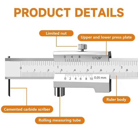 Metal Scriber Calipers With 200mm Scale, Marking Gauge Calipers, Parallel Cross Caliper For Scribing Iron, Steel, Wood And Other Materials, Carbide Tips, 0-8 Inch Precision, Durable Stainless Construction, Ideal For Diy Projects, product detail view