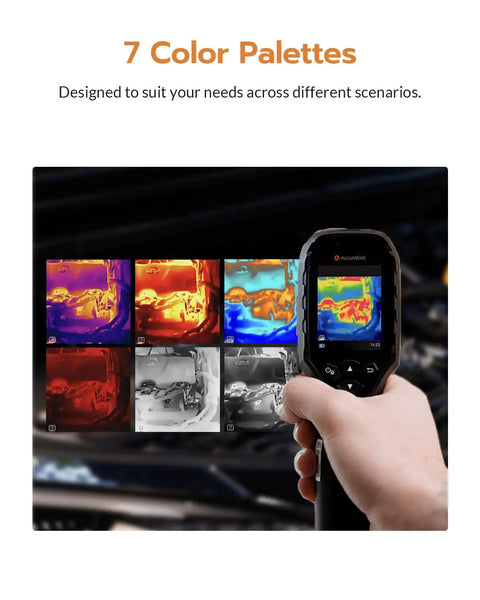 Thermal Imaging Camera With AI Scene Detection And Thermometer Mode For Home And Electrical Inspections, Detect Water Leaks, Insulation Gaps, Floor Heating Faults, Moisture And Solar Panel Issues, No-Fuss Setup Required showing 7 color palettes