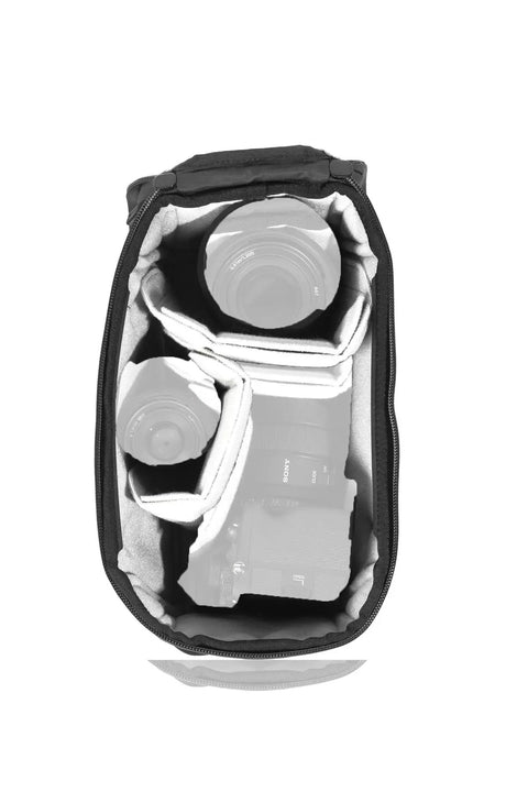 Small Camera Cube V2 for custom organization and protection with gear inside, top view of weatherproof shell and FlexFold dividers.