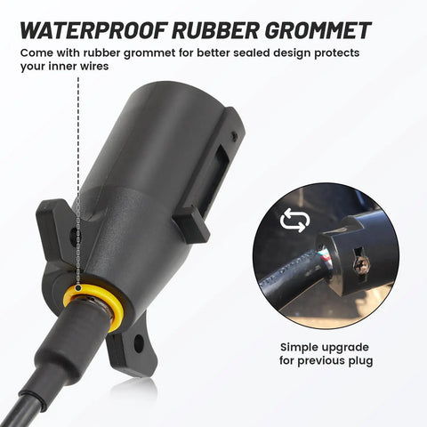 Heavy Duty 7 Prong Trailer Wiring Tow Plug For RV And Boat Trailers, Splice-In Replacement, showcasing waterproof rubber grommet
