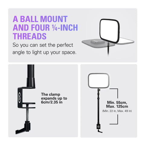Boss Level Studio Light For Streaming And Recording With Desk Clamp, WiFi App Control, show clamps and mounting details.