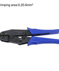 Heavy Duty Adjustable Ratchet Wire Crimping Pliers For Heat Shrink Connectors Auto Repair 0.25 To 6 Sq Mm Range with blue grip.
