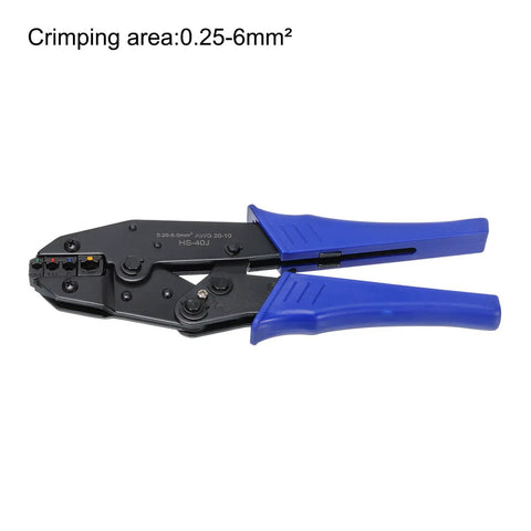 Heavy Duty Adjustable Ratchet Wire Crimping Pliers For Heat Shrink Connectors Auto Repair 0.25 To 6 Sq Mm Range with blue grip.