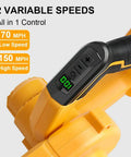 Cordless Leaf Blower With DeWalt 20V Battery 200 CFM Variable Speed Includes Two 3Ah Batteries And Charger control panel close-up