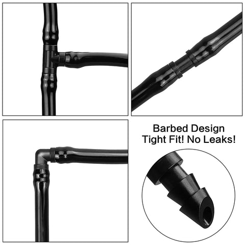 Close-up of All In One 1/4 Inch Drip Irrigation Fittings Kit With 130 Pieces for garden tubing including couplings, tees, elbows.