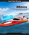 RC Boat 18 MPH Remote Control Fast Speed Racing Boat With Night Navigation Lights in water with battery illustration