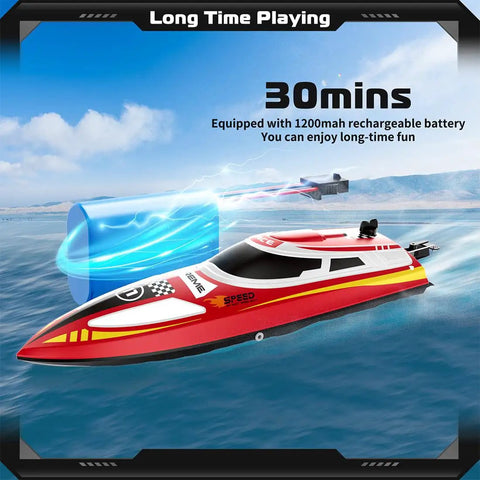 RC Boat 18 MPH Remote Control Fast Speed Racing Boat With Night Navigation Lights in water with battery illustration