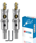 Front view of DKIBBITH 3/4 in tungsten carbide hole saw set, 2-pack with titanium-plated pilot bits and two Allen wrenches