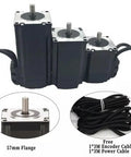 Front view of TOSEASTARS NEMA 23 motors: three black units with silver 57mm flanges and visible shafts; encoder/power cables.