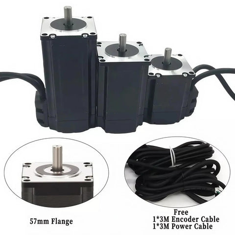 Front view of TOSEASTARS NEMA 23 motors: three black units with silver 57mm flanges and visible shafts; encoder/power cables.