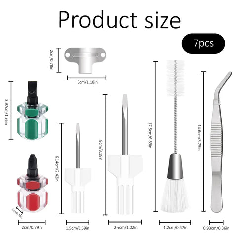 7 Piece Sewing Machine Cleaning Kit With Curved Nose Tweezers Double Ended Brush Needle Plate Screwdriver And Four Short Screwdrivers For Easy Home Repair And Routine Machine Maintenance product size and components