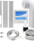 All In One Portable AC Window Kit With 5.1 Inch Exhaust Hose for sliding or fixed windows, showing components and installation example.