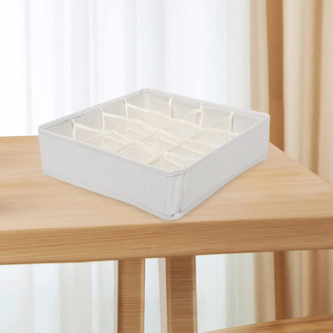 Super Slick 16 Compartment Foldable Drawer Storage Box For Underwear And Socks Made From Soft Cotton Linen Blend In Warm Beige