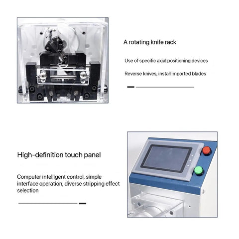 Close-up of rotating knife rack and touchscreen interface of Automatic Coaxial Cable Wire Stripper Machine With Lcd Touch Screen And Precision Ball Screw For Effortless Rf Antenna Stripping Hella Efficient Smooth Operator High Torque Zero Hassle Design.