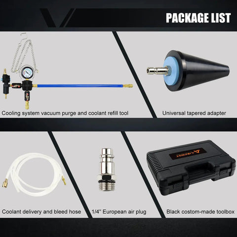 Hella Tough Coolant Vacuum Refill Kit For Rigs And Rides Heavy Duty Radiator Coolant Purge Filler with tool components and adapter.