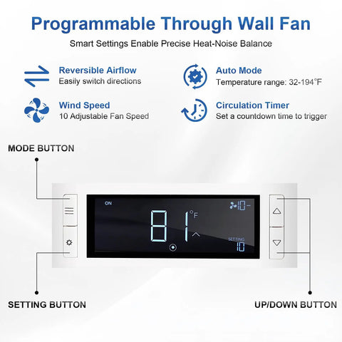 Control panel of 8 Inch Through Wall Room To Room Fan With Remote Reversible Airflow Boss Level Airflow Quietly Moves Air