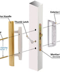 Exploded view of Sliding Glass Patio Door Handle Replacement Set with oak wood and zinc diecast, 3-15/16 inch hole spacing.