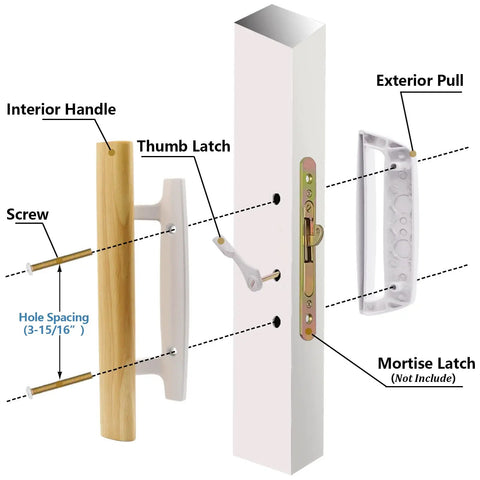 Exploded view of Sliding Glass Patio Door Handle Replacement Set with oak wood and zinc diecast, 3-15/16 inch hole spacing.