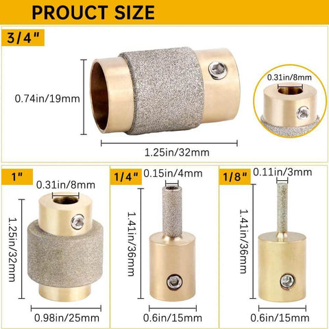 Buenoarte diamond grinder bit set with brass cores, includes 3/4 in, 1/4 in, 1/8 in bits for stained glass 4 pcs